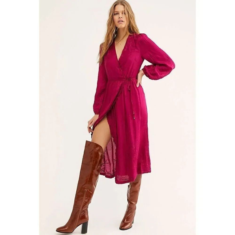 NWT FREE PEOPL MERINGUE WRAP DRESS EMBROIDERED MIDI WRAP DRESS PINK